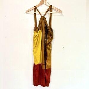 Vince Colorblock Gold, Scarlet Red and Copper Classy Cross Neck Silk Dress Small